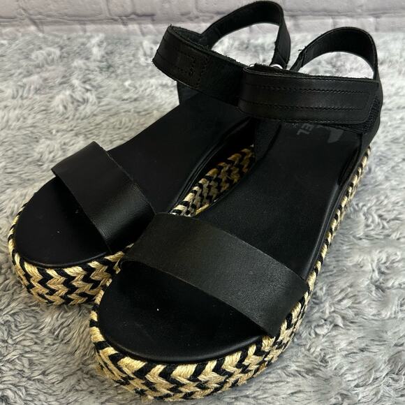 Sorel Women's Cameron Flatform Espadrille Black White Ankle Strap Sandals Size 8 - Picture 6 of 11